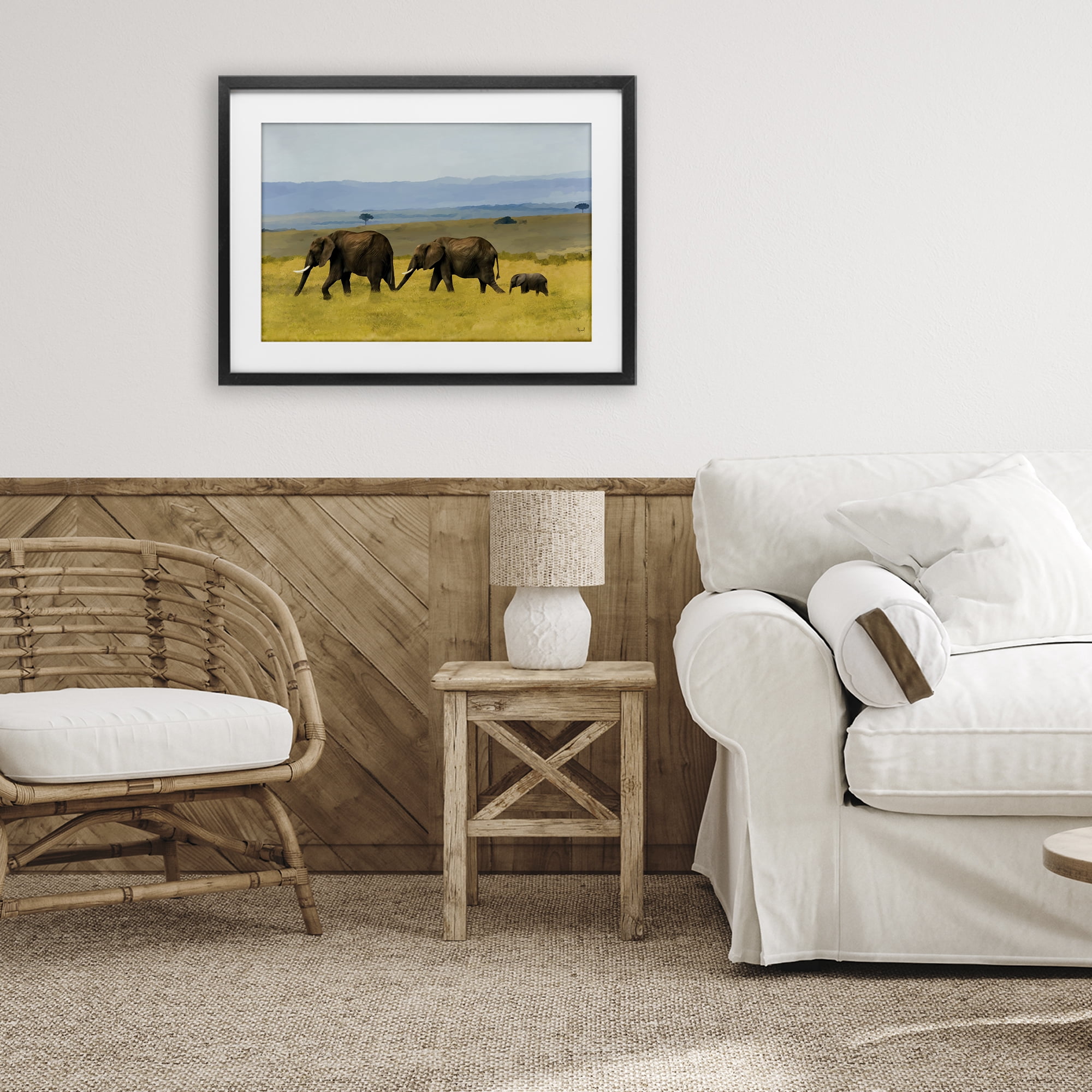 Stupell Industries Elephants In The Grassland Black Framed Print Under Glass, design by Renel Peters