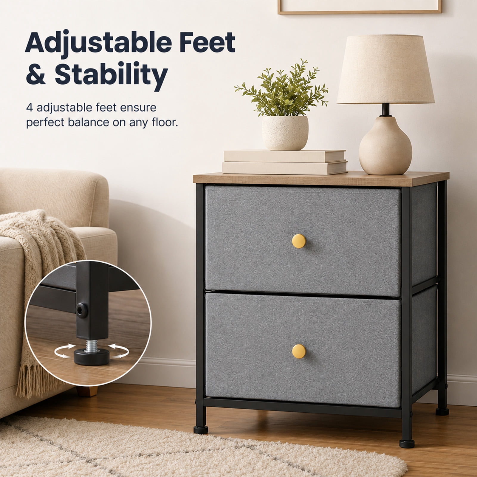 Alvantor Nightstand with 2 Storage Drawers, Small Bedside Table, Small Dresser with Sturdy Wooden Top for Daily Essentials, Compact Nightstand for Bedroom and Small Spaces