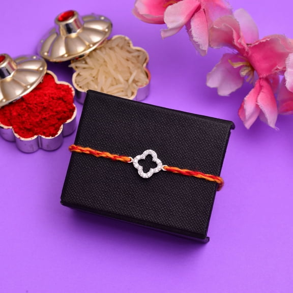 Femme Jam 925 Sterling Silver Simulated Diamonds Braided Thread Floral Rakhi with Roli Chawal