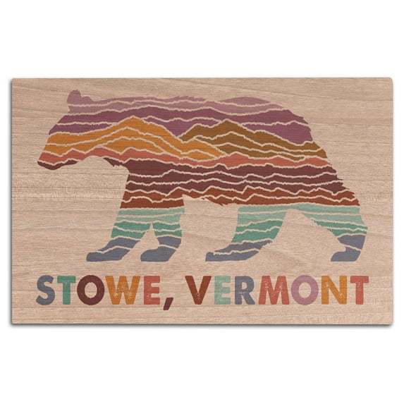 Stowe, Vermont, Bear, Wander More Collection Birch Wood Wall Sign (12x18 Rustic Home Decor, Ready to Hang Art)