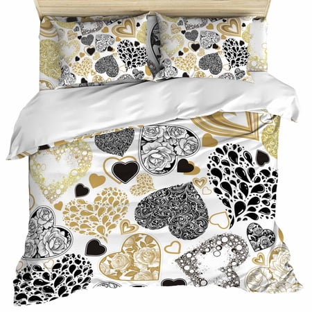 Valentine s Day Set of 4 Bedding Quilt Covers Romantic Love Heart Roses Abstract Black Gold 4-Piece Bed Sheet Set with Extra Soft Bed Sheets Quilt Cover Pillowcase Queen