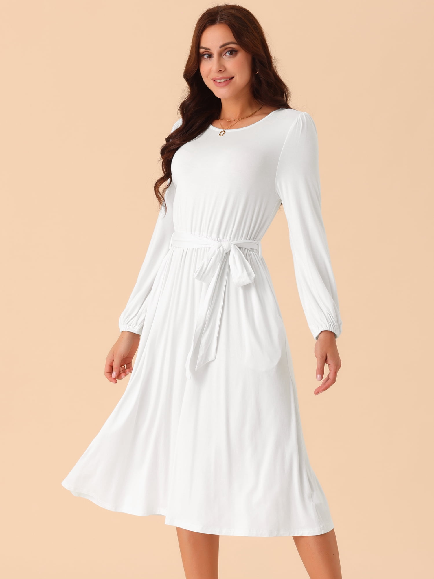 DARING DIVA Long Sleeve High Waist Flowy Midi Dress L White