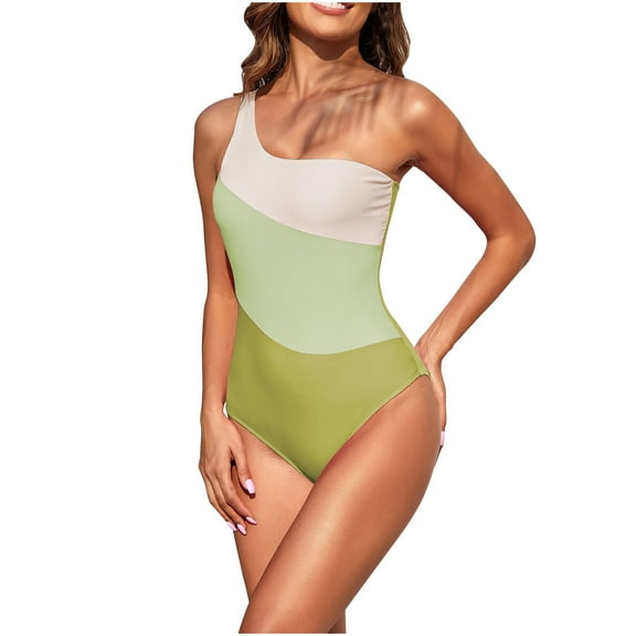Womens Swimsuits Pimelu Bathing Suit for Women One Piece Swimsuit Womens One Piece Bathing Suit Fashion Color Block One Shoulder Athletic Swimwear Girls Ladies High Waist Tankini Beachwear
