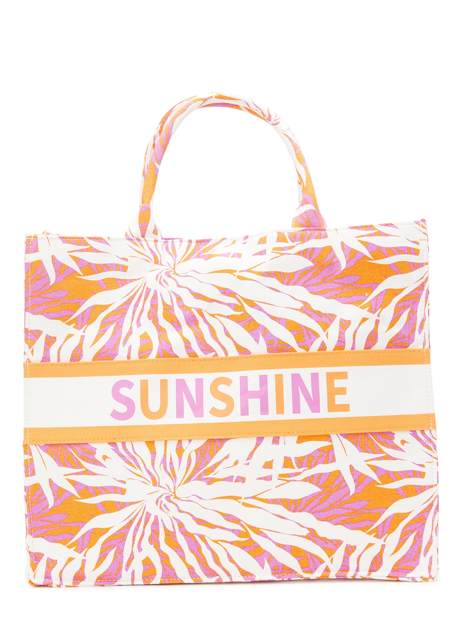No Boundaries Women's Sunshine Canvas Print Beach Tote Handbag, Orange/Pink