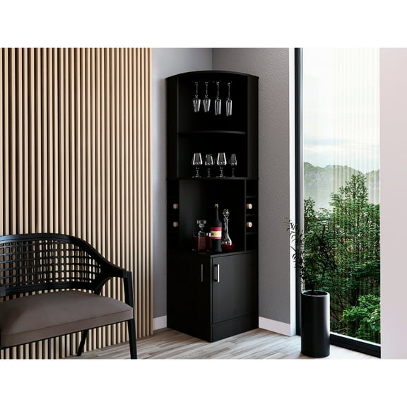 Black Corner Bar Cabinet With 8 Bottle , 2 Shelves, And A 12 Wine Glass Rack 18.11 In. Wide , 1 Central Shelf, Side Doors