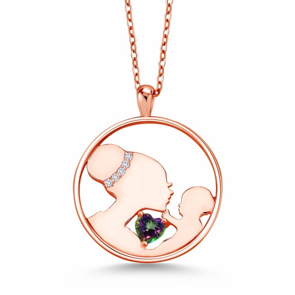 Gem Stone King Keren Hanan Mother`s Affection 0.65 Ct Green Mystic Topaz E-F Lab Grown Diamond 18K Rose Gold Plated Silver Pendant Necklace for Women with 18 inch Silver Chain