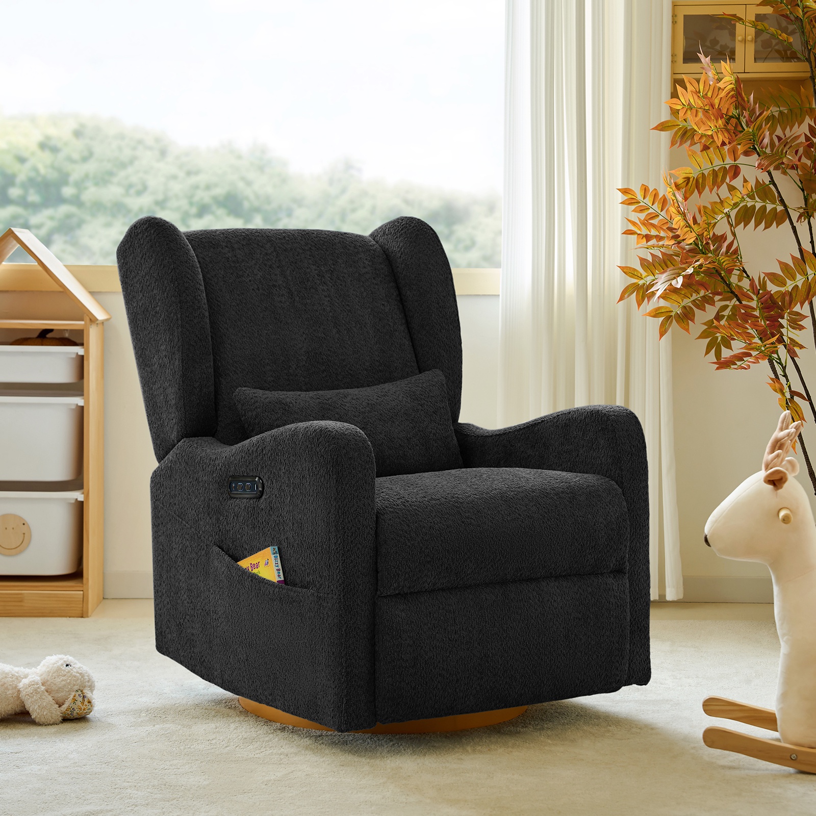 Tina's Home Electric Power Glider Swivel Nursery Recliner Chair Wingback with USB, Waterproof Stain-resistant for Baby Feeding & Living Room Black