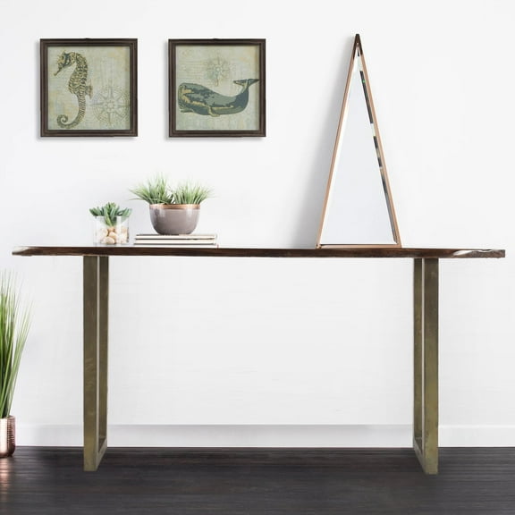 Modern Solid Wood Top Console With Distressed Chrome Base | Rustic Modern Sofa Table | Mid Century Entryway Hall Table | U Shape Metal Legs