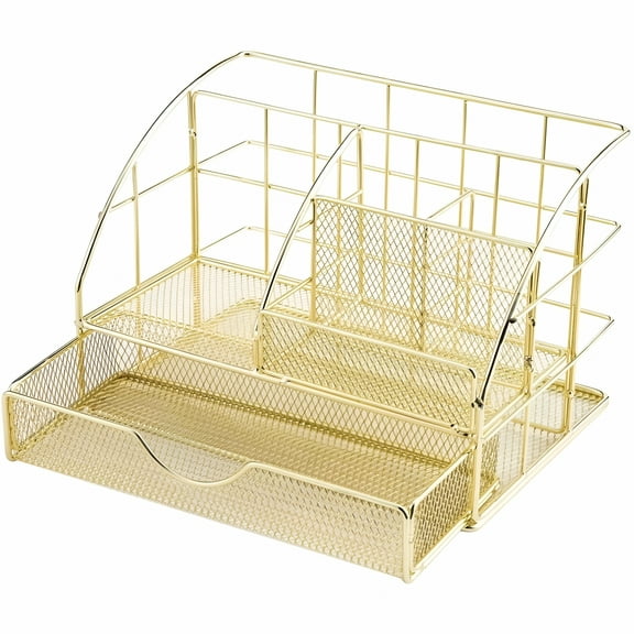 LAMIRO Gold Mesh Organizer Gold Desktop Organizer with Drawer - 5 Compartment Mesh Storage for Office Supplies,Elegant Home Decor & Functional Gift