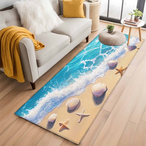 Coastal Beach Runner Rug 2x6 FT,Non Slip Hallway Rugs,Nautical Ocean Starfish Shells Sea Waves Washable Soft Floor Carpet Throw Runner Carpet Long Rugs for Entryway Kitchen Bedside Sliding Door