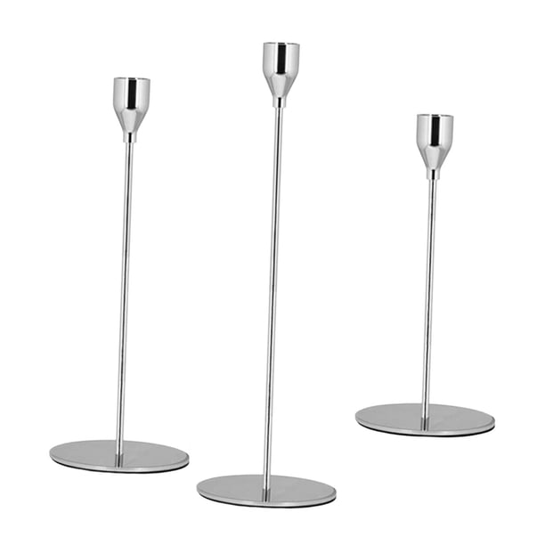 Juego de 3 portavelas para velas cónicas, portavelas decorativo para bodas, cenas, fiestas, se adapta a velas de 3/4 pulgadas de grosor y velas LED Plata Soledad Portavelas cónicos