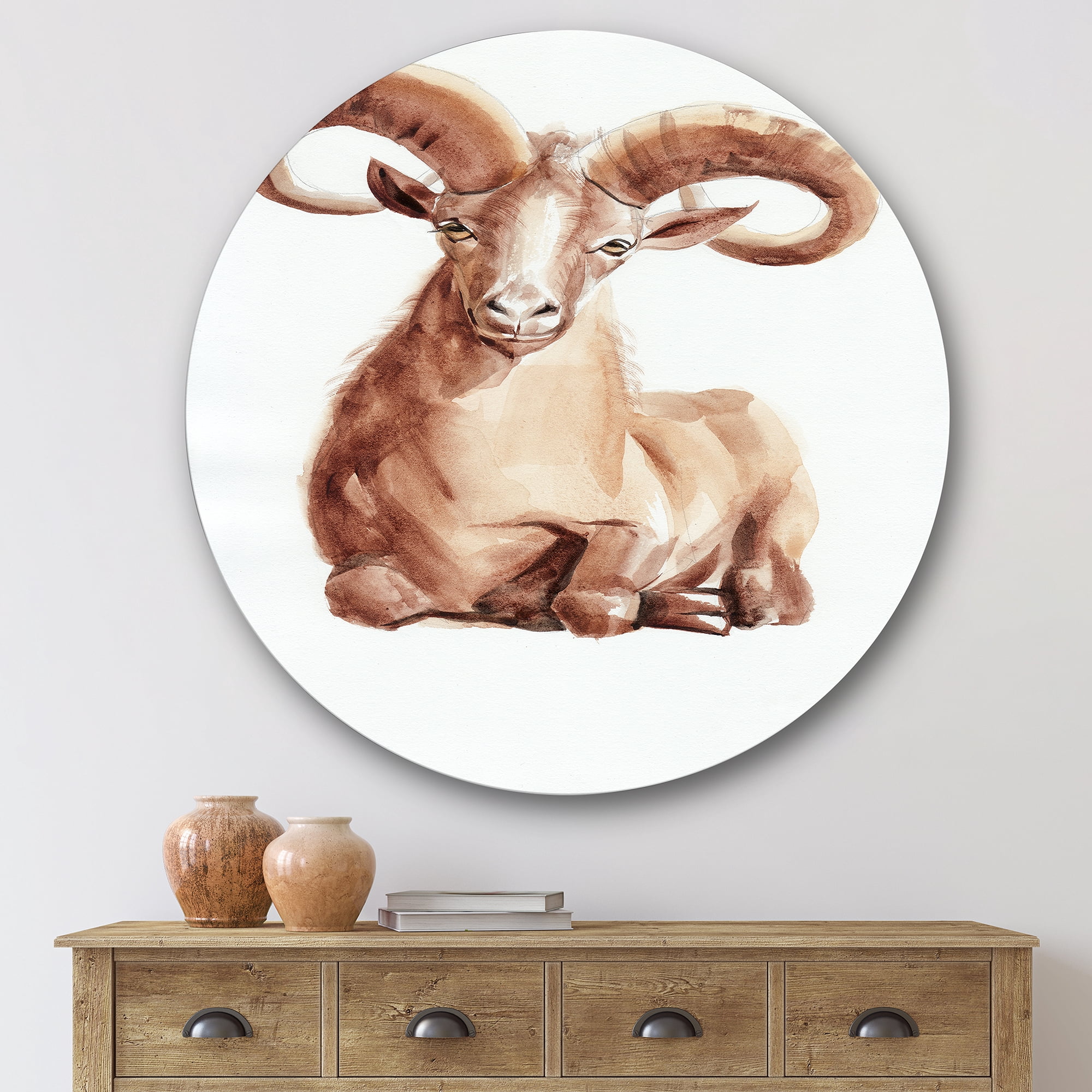 Designart 'Abstract Portrait of Wild Ram With Mighty Horns II' Farmhouse Circle Metal Wall Art 36x36 - Disc of 36
