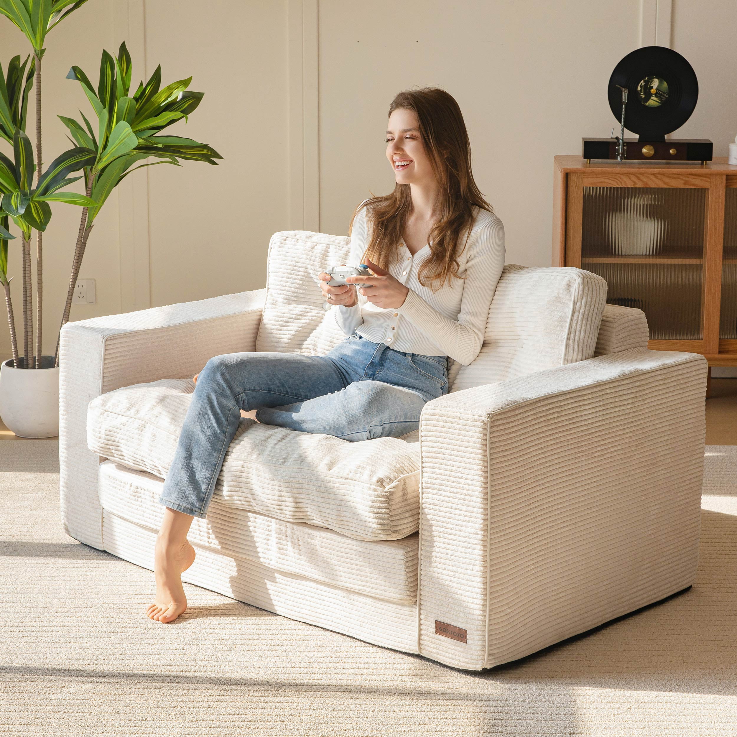 BYBYME Convertible Futon Sofa Bed,Pull Out Couch Beds Loveseat Sleeper,2 in 1 Folding Couch Bed with Pillows for Living Room Bedroom,Beige