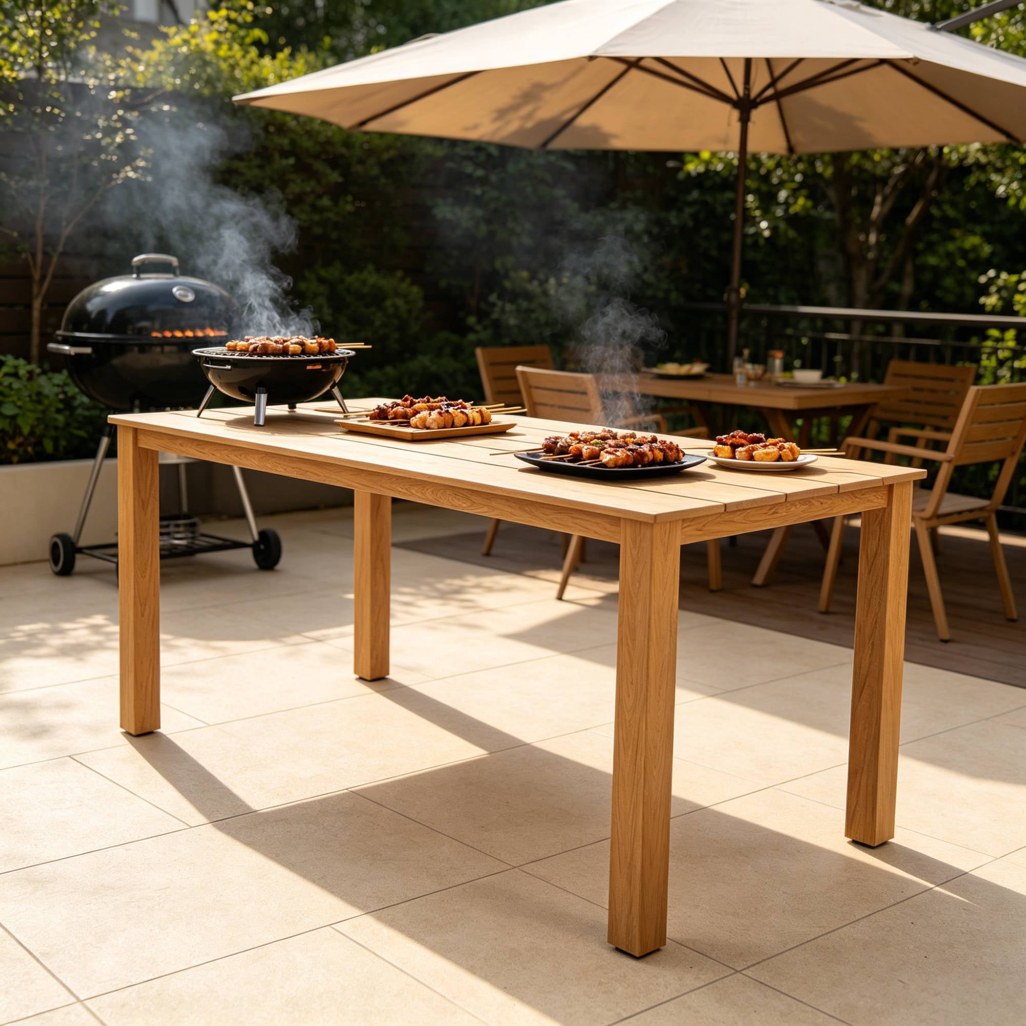 Leumius 68.9" Outdoor Dining Table for 6,All-Weather Furniture Table with Umbrella Hole for Outdoor Picnics & Patio,Backyard,Teak