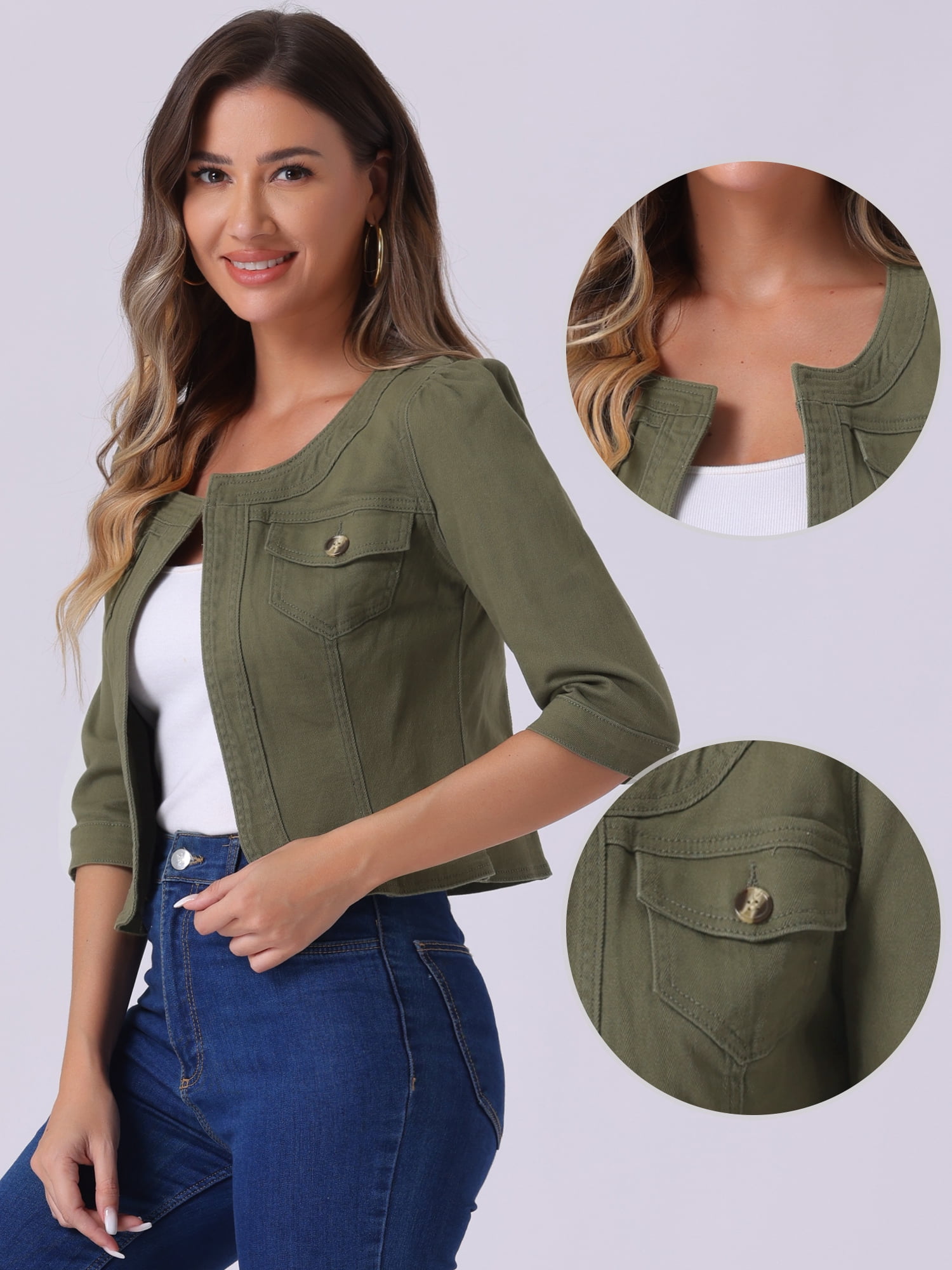 DARING DIVA Women's Collarless 3/4 Sleeve Denim Jackets XL Army Green