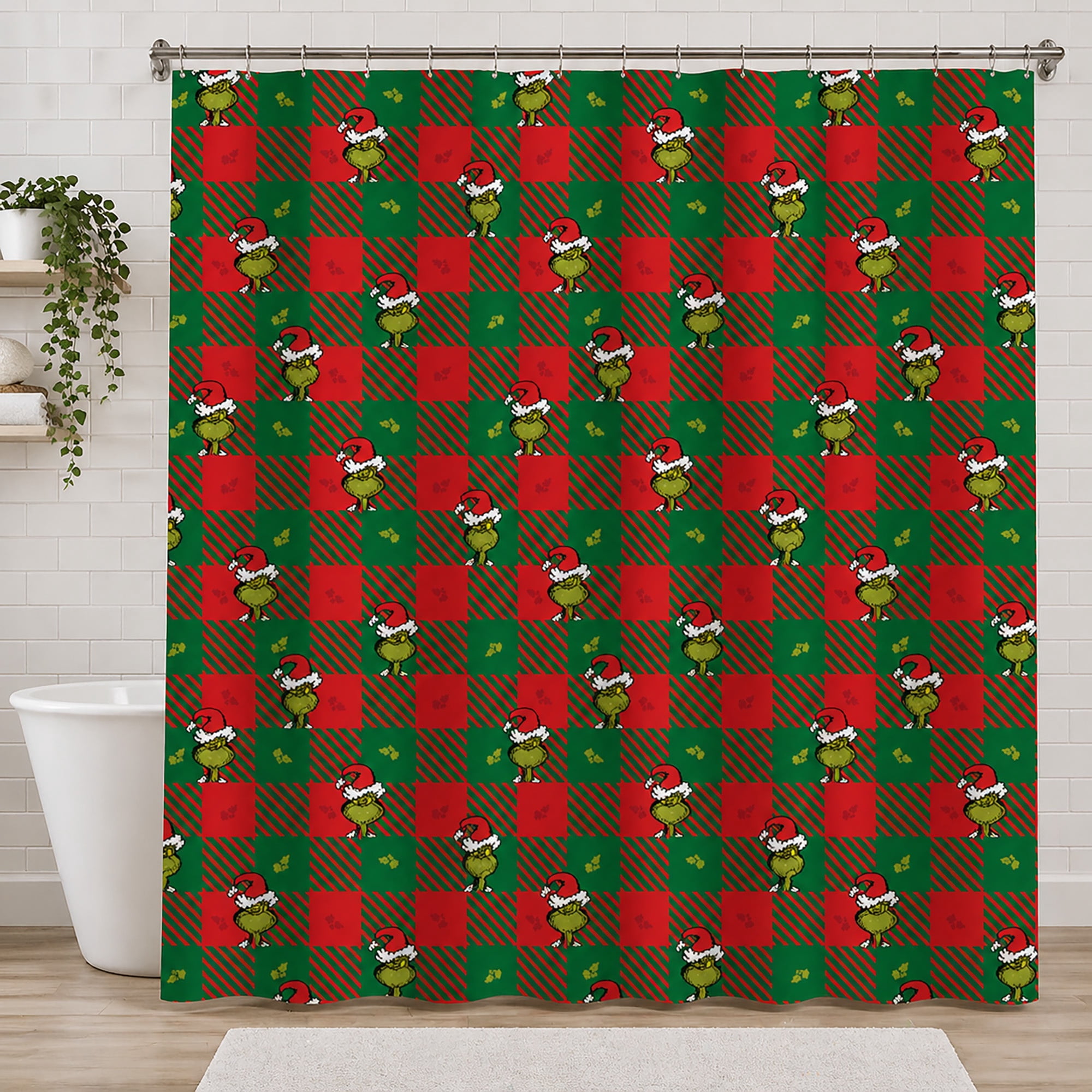Grinch Christmas Plaid Fabric Shower Curtain, 72 x 72