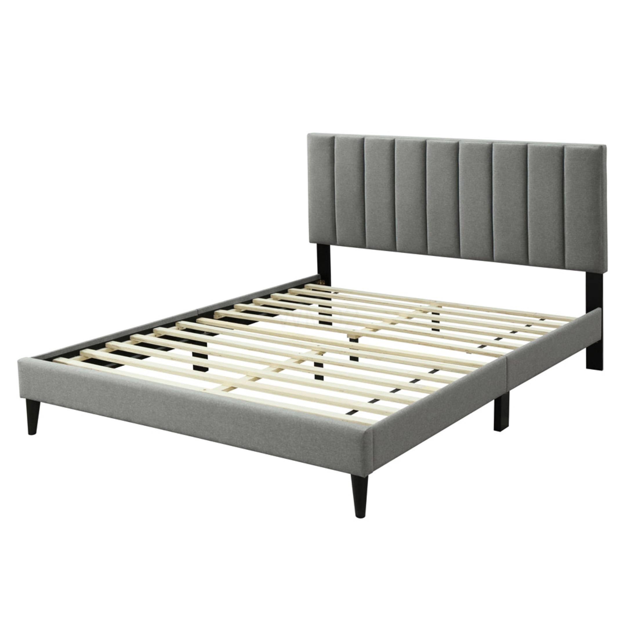 King Size Upholstered Bed Frame with USB Ports, Channel Tufted Headboard, Gray Fabric Platform Bed