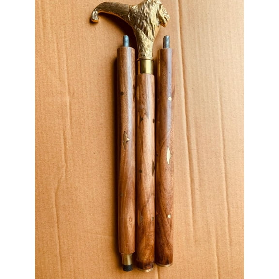 Maritime Treasures Brass Lion Head Handle Wooden Walking Stick | Handmade 3-Piece Collectible Cane