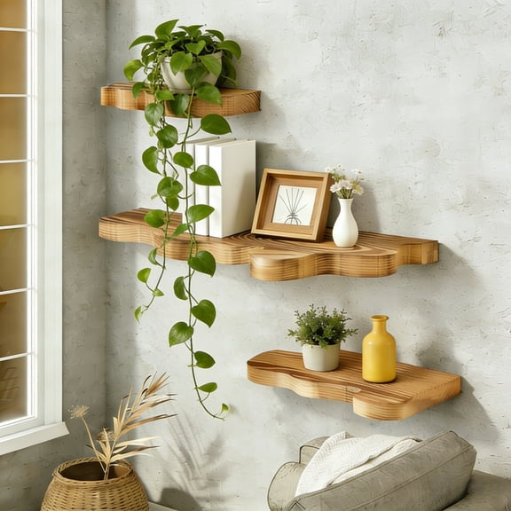 NIUBIER Set of 3 Live Edge Floating Shelves,3 Size Wooden Floating Shelves,Rustic Farmhouse Vintage Wall Shelves Decor for Living Room Bedroom