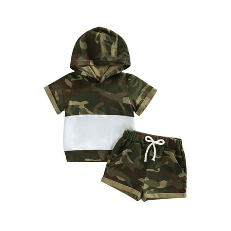 

Xingqing Kids Baby Boys Suit Outfits Set Camouflage Short Sleeve Hooded Patchwork Tops Shorts Summer Clothes White 3-4 Years