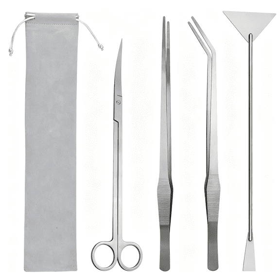 4-in-1 Aquascape Tool Kit, Premium Stainless Steel Aquarium Plant Tools with Long Tweezers, Scissors, Spatula, Algae Scraper for Fish Tank Cleaning, Terrarium Supplies for Freshwater Saltwater Tanks