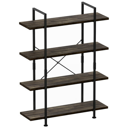 Vintage Industrial Bookshelf Industrial 4-Tier Bookcase, Vintage Rustic Bookshelf with Black Metal Frame and Multifunctional Antique Wood Look, Open Etagere Stand Storage Organizer Accent Furniture for Home and Office ()