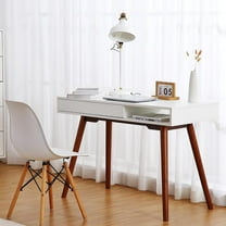 HELLONE 42'' Home Office Writing Desk, Mid Century Modern Desk with Drawer, Small White Computer Table Vanity Table for Bedroom, White