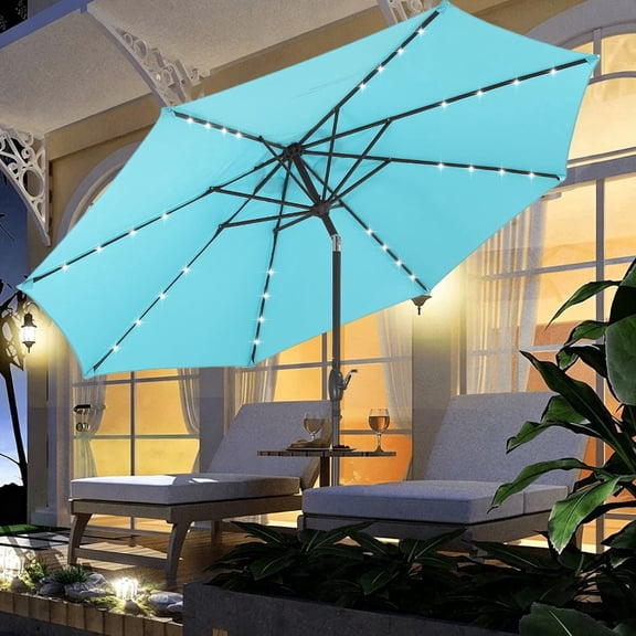 Ainfox 10ft Patio Umbrella Outdoor Solar Powered with LED Lights and 8 Sturdy Ribs Without Base(Bule)
