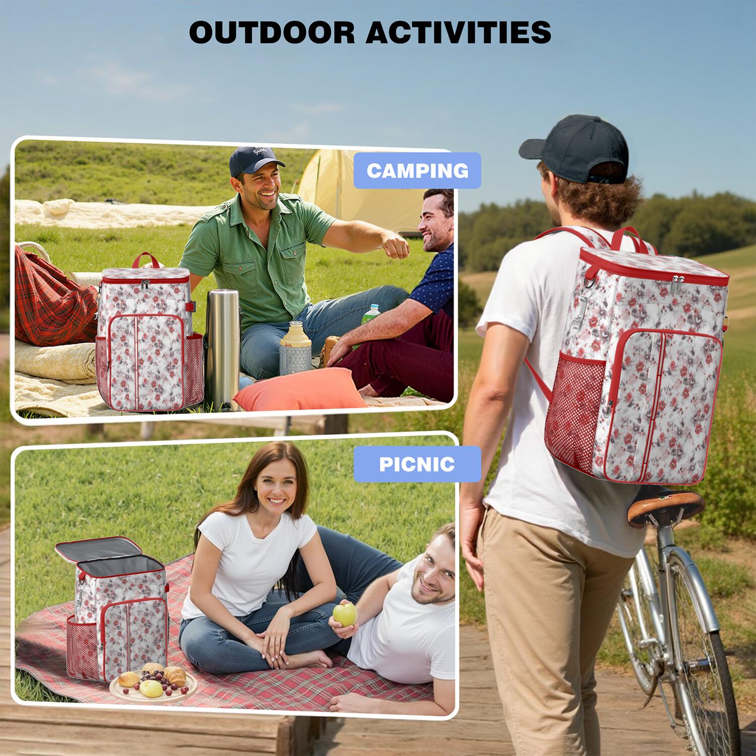 Travel Cooler Bag - Pioneer Flower Camping Beer Cooler Backpack with Bottle Opener- Waterproof Insulated Picnic Backpacks - Cooler Bag for Beach