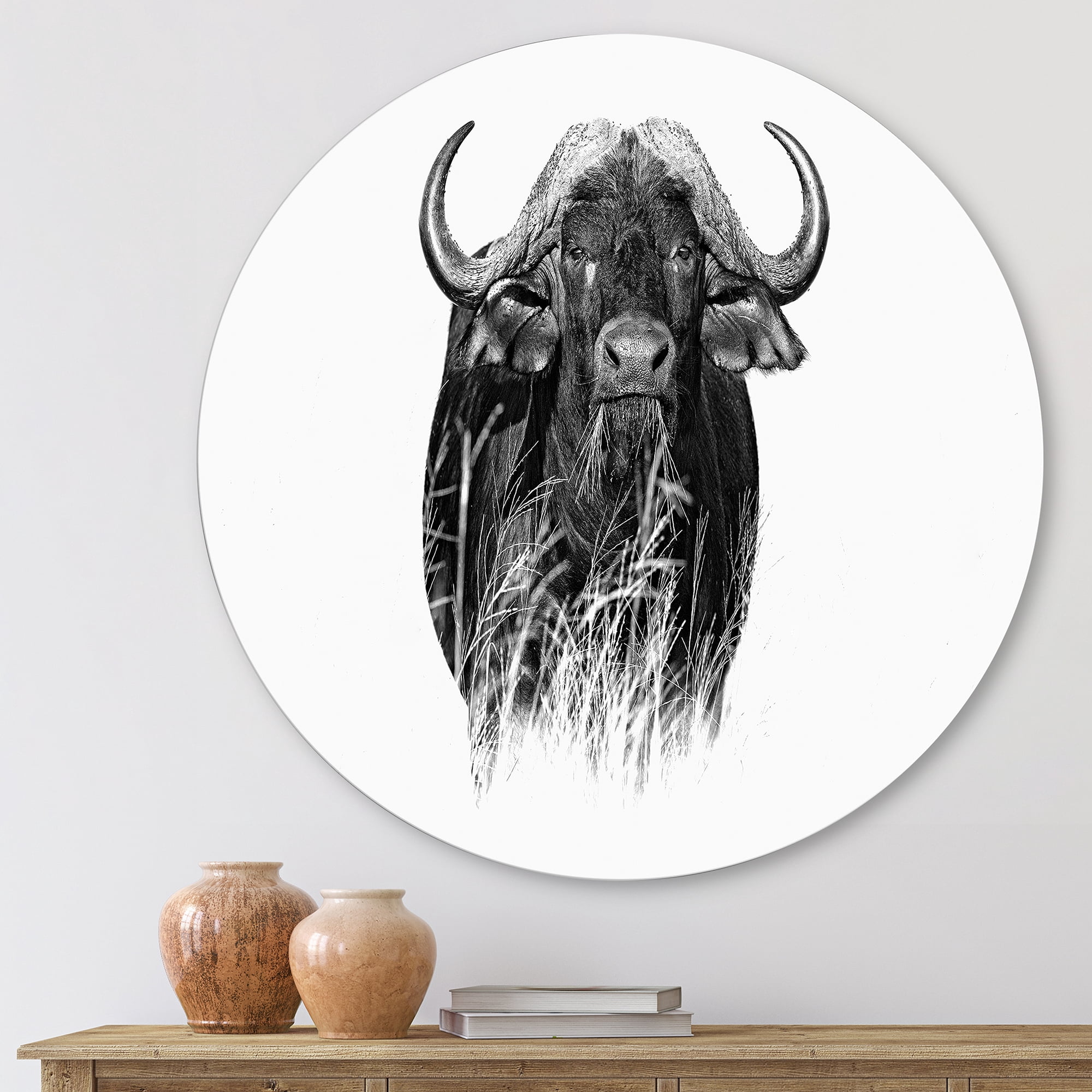 Designart 'Black and White Portrait Of Buffalo IV' Farmhouse Circle Metal Wall Art 11x11 - Disc of 11