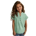 thumbnail image 7 of DeHolifer Shirts for Girls Cotton Linen V-Neck Button Solid Color Summer Casual Short Sleeve Shirts Tops,Mint Green,7 Years, 7 of 7