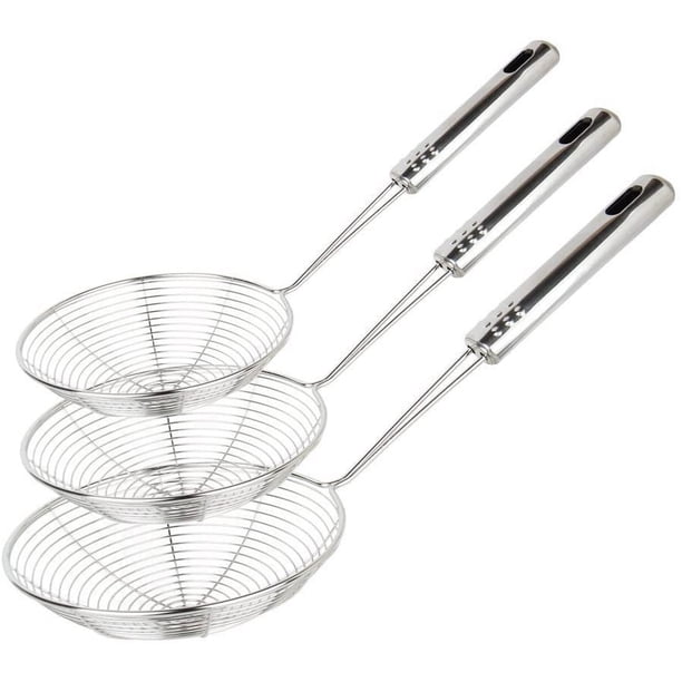 Espumador de colador de araña, juego de 3 cucharones de colador asiático, cuchara desnatadora de alambre de acero inoxidable con mango para freír alimentos, pasta, espaguetis y fideos en la cocina