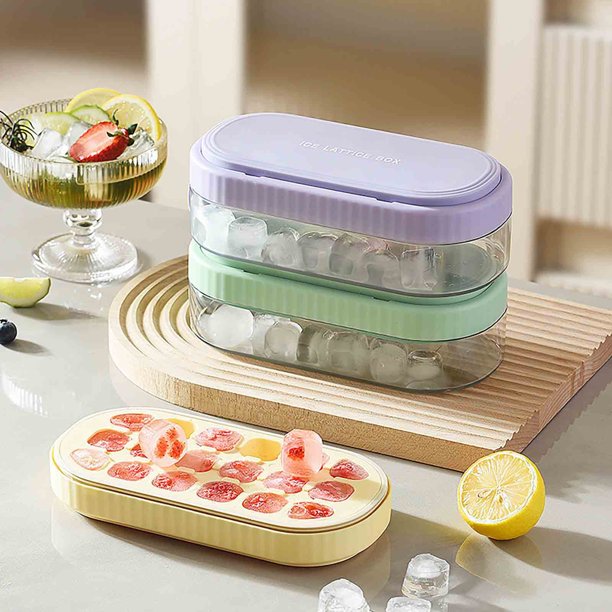 Molde de bloque de hielo estilo de prensa de grado alimenticio | Máquina para hacer cubitos de hielo para el hogar con tapa | Liberación con un clic | Caja de almacenamiento de plástico transparente