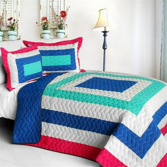 Seas Passion - Vermicelli-Quilted Patchwork Geometric Quilt Set  Full & Queen Size - Blue