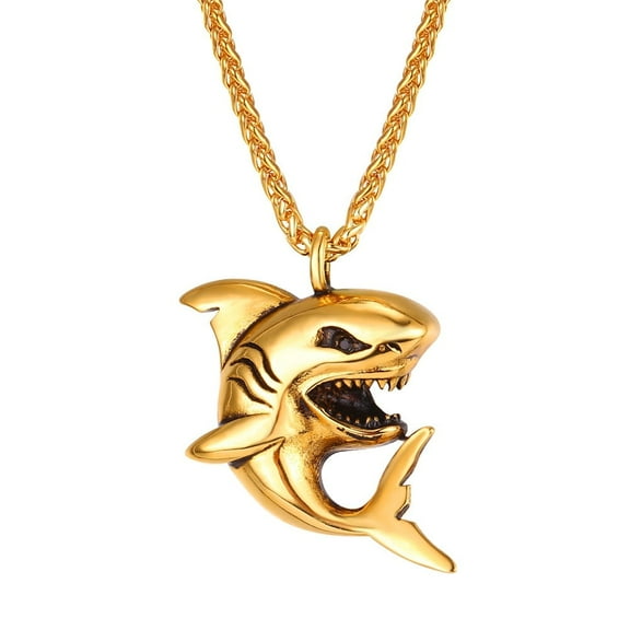 U7 Men Punk Shark Gold Pendant Animal Jewelry with Stainless Steel Chain 22 Inch
