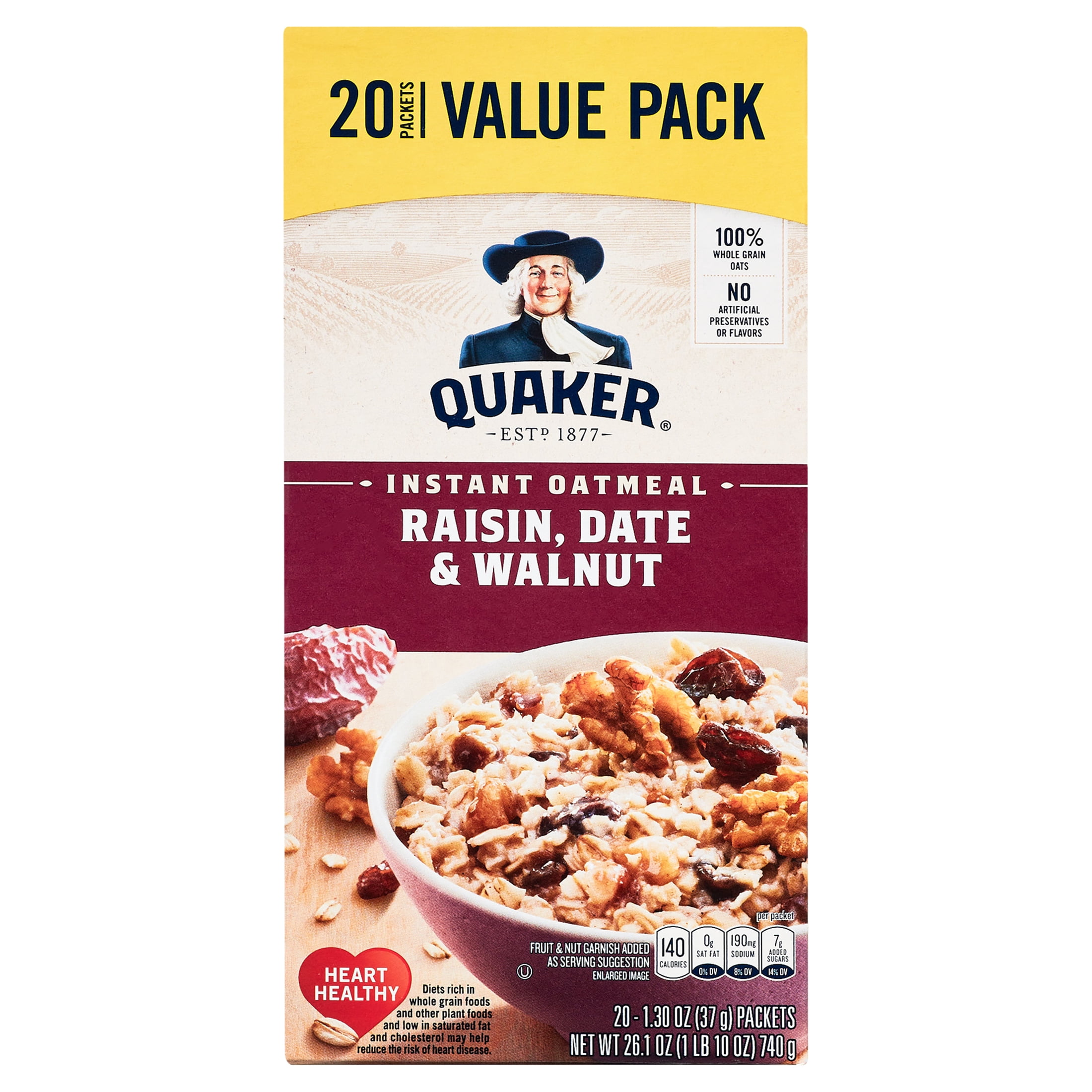 (8 pack) Quaker, Instant Oatmeal, Raisin, Date & Walnut, 1.30 oz, 20 Packets