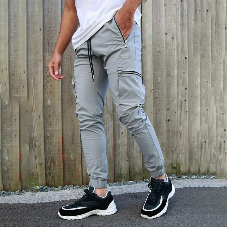 HES Men Sports Pants Multi-pockets Elastic Waist Ankle Length Casual  Comfortable Sweatpants for Jogging