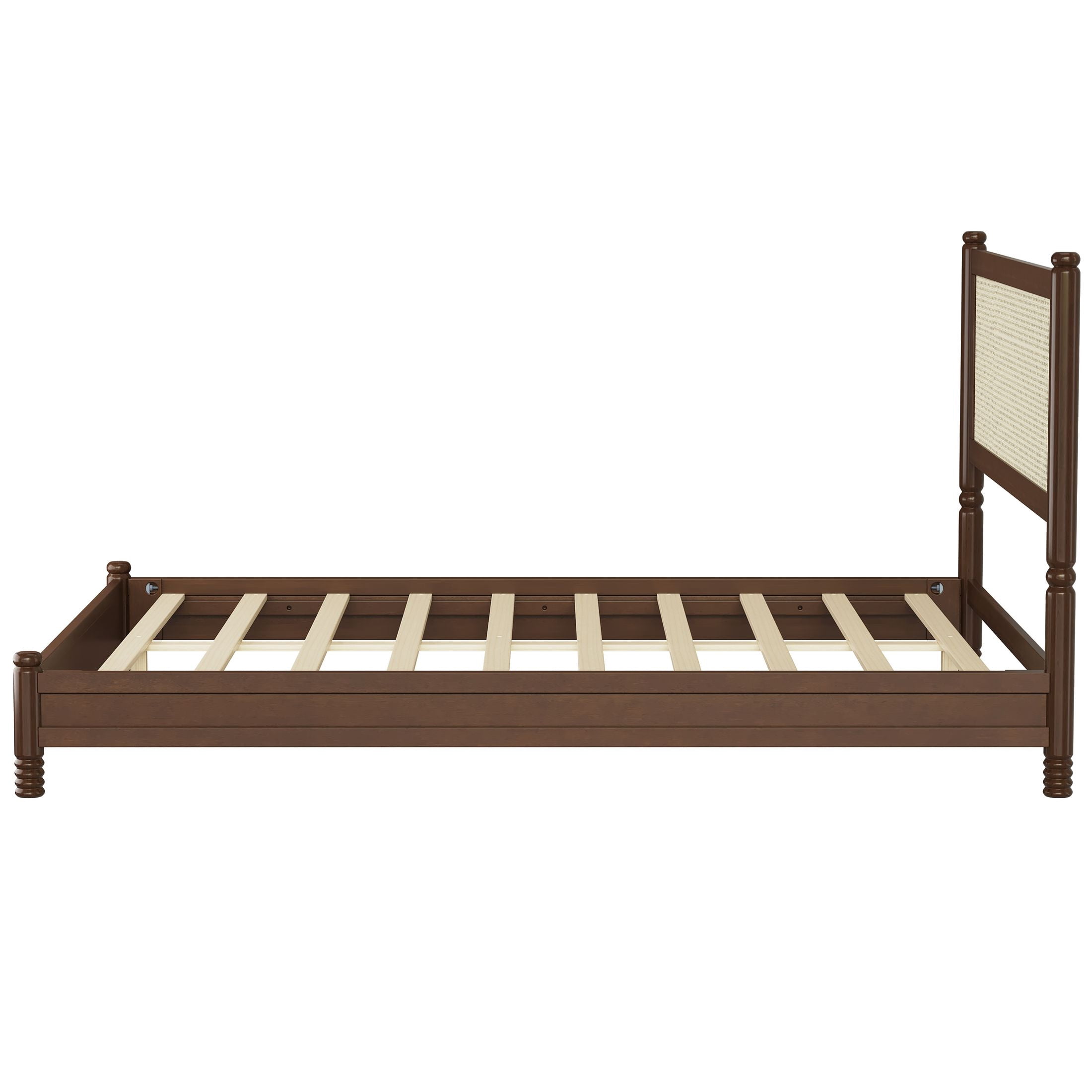 GDF Studio Annes Queen Size Boho Rattan Platform Bed Frame with Turned Legs, Woven Cane Pine Wood Bed Frame, Walnut