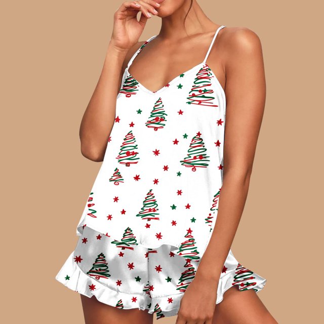 Conjunto de pijama de poliéster con tirantes finos y estampado de moda para mujer