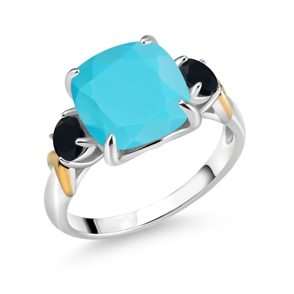 Gem Stone King 925 Silver and 10K Yellow Gold Green Turquoise and Black Onyx 3 Stone Ring for Women (3.44 Cttw, Gemstone Birthstone, Cushion 10MM, Round 4MM, Size 9)