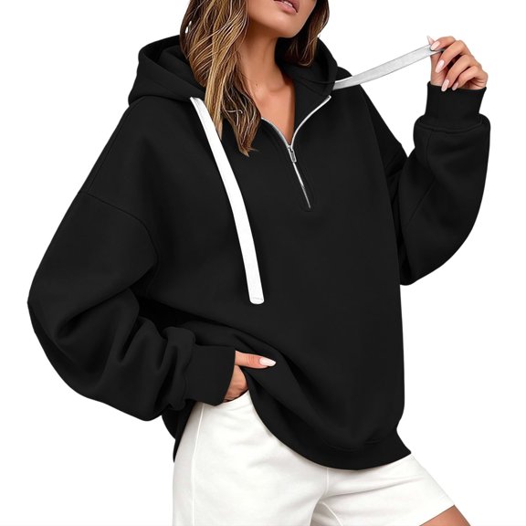 Sahpxhe Hoodies for Women Loose Half Zip Long Sleeve Sweatshirt Side Slits Casual Fashion Pullover Tops Athletic Streetwear Black L