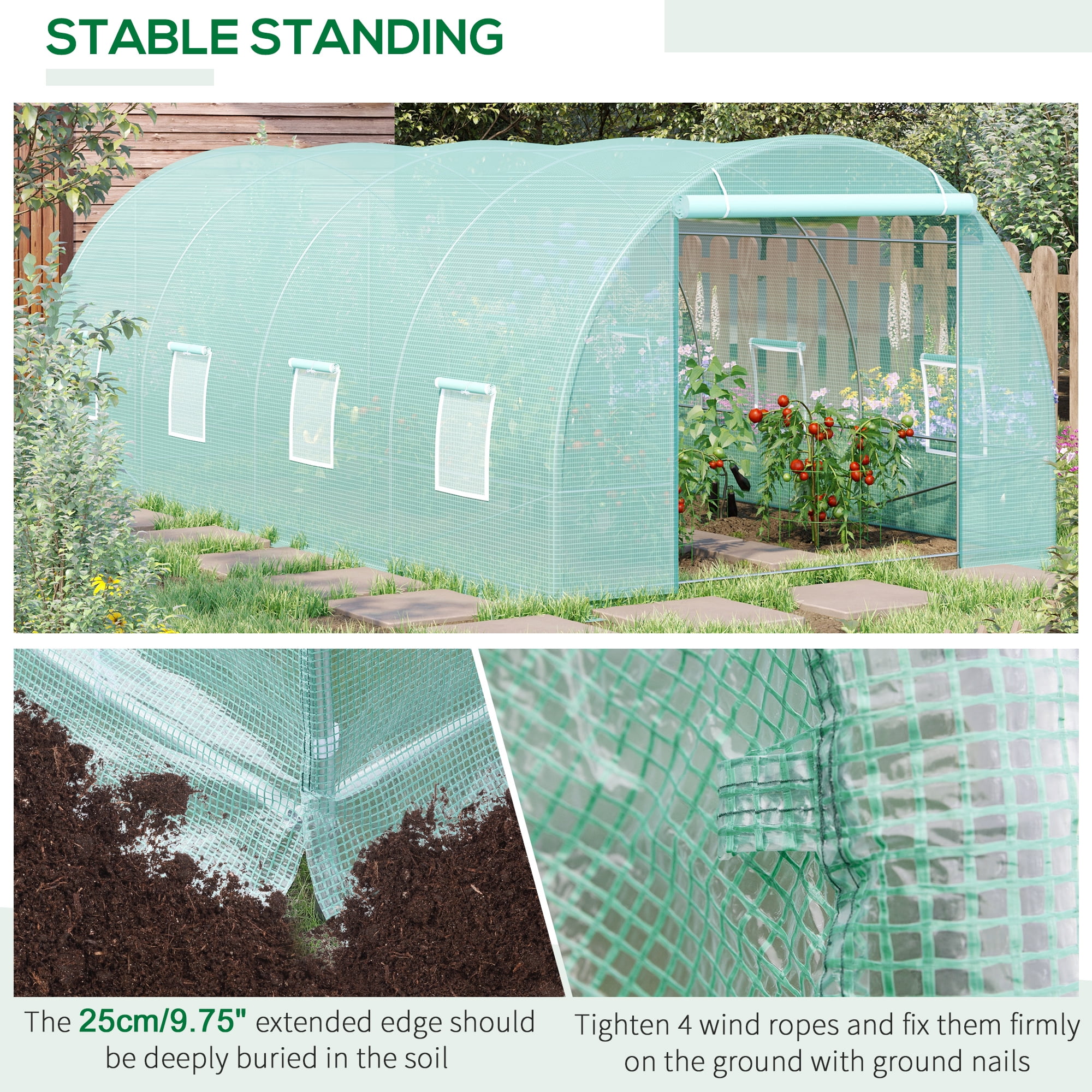 Outsunny 20' x 10' x 7' Walk-In Tunnel Greenhouse, Garden Warm House, Large Hot House Kit with 8 Roll-up Windows & Roll Up Door, Steel Frame, Green