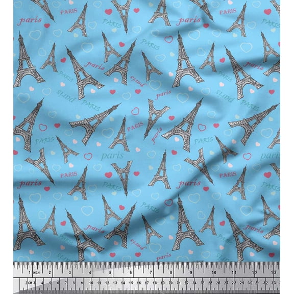 Soimoi Blue Cotton Voile Fabric Text & Eiffel Tower Architectural Fabric Prints By Yard 42 Inch Wide