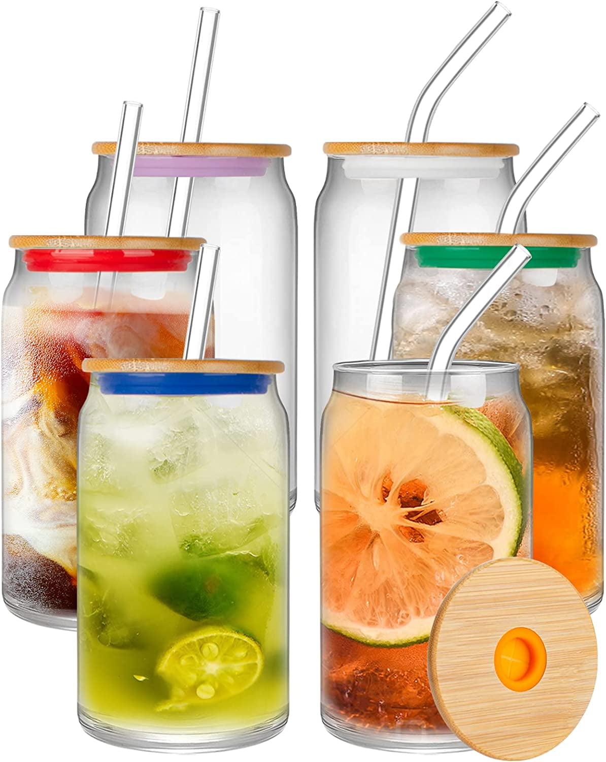 Drinking Glasses with Bamboo Lids and Glass Straw 6pcs Set, 16oz Can