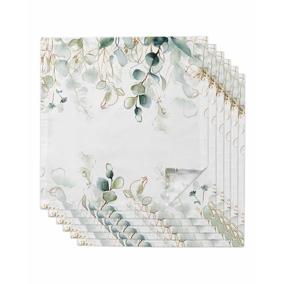 Eucalyptus Leaves Cloth Napkins Set of 6 Reusable Dinner Napkins, Watercolor Sage Green Golden Floral Cocktail Napkin Washable Table Napkins for Wedding/Holiday Party/Baby Shower 20"x20"