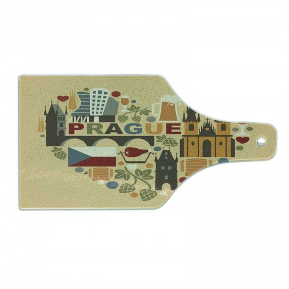 Prague Cutting Board, Heart Shape with European Elements Landmark Buildings Beer and Food Modern Shapes, Decorative Tempered Glass Cutting and Serving Board, in 3 Sizes, by Ambesonne
