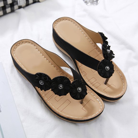 ETEREAUTY Women's Fashion Black PU Sandals Comfortable Open Toe Shoes 1 Pair Casual Wear