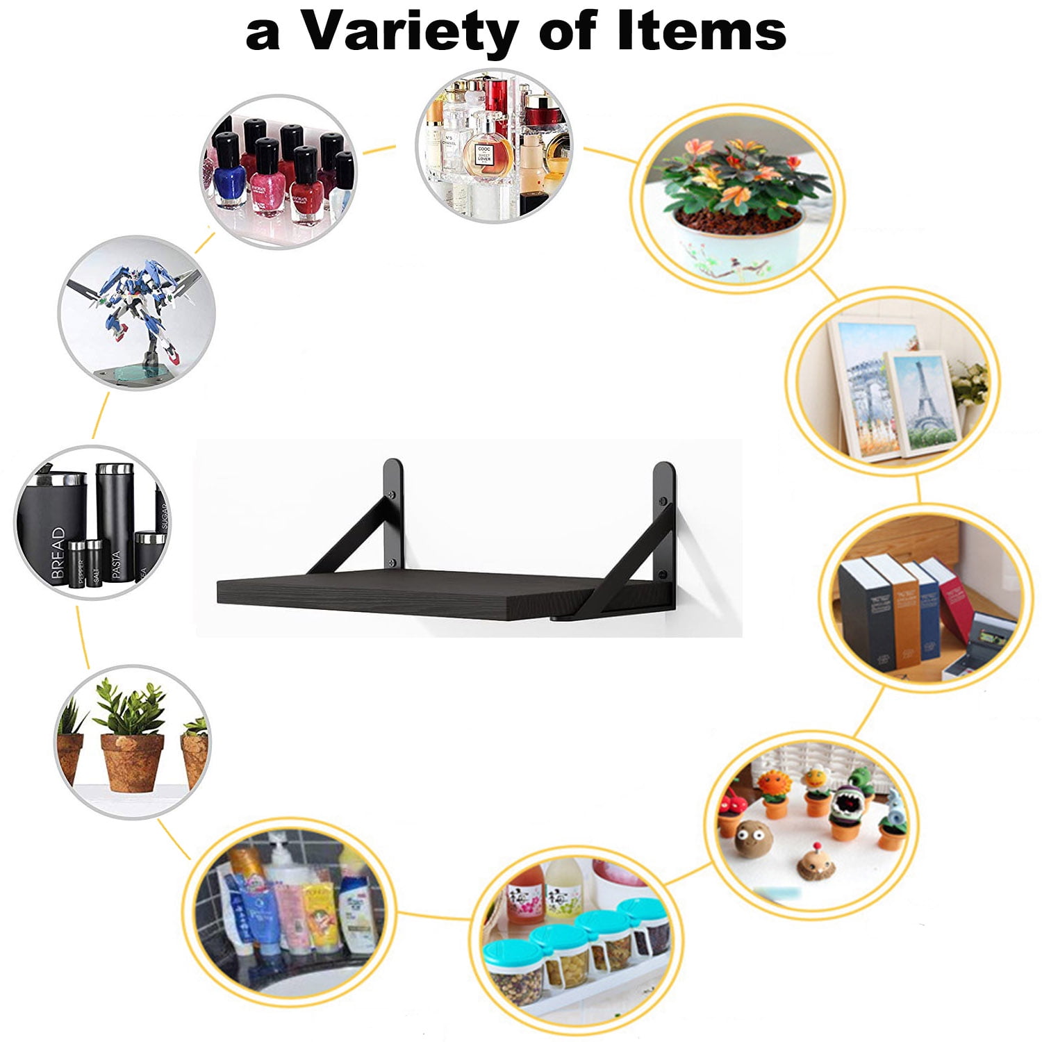Set of 2 Wall-Mounted Bathroom Floating Shelves W/Triangle Bracket, 16 Inch Black Rustic Wood Storage Shelf for Living Room Kitchen Bedroom