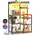 thumbnail image 1 of Bakers Rack with Power Outlet and LED Light, 6-Tier Microwave Stand Storage with Wire Basket, Coffee Bar Cabinet with 10 Hooks, Kitchen Island Table for Spices, Pots, Pans, Brown, 1 of 7