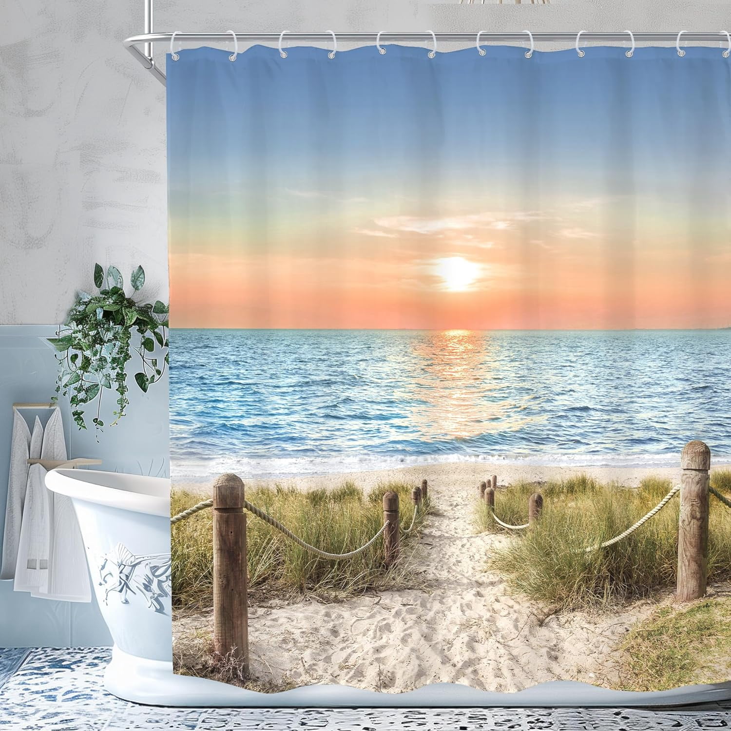 Beach Ocean Shower Curtain Sunrise Sunset View Scene Hawaii Seashore Summer Coastal Seaside Seascape Plant Women Men Fabric Waterproof Polyester with Hooks Plastic 72"W x 78"L (Pack of 1)